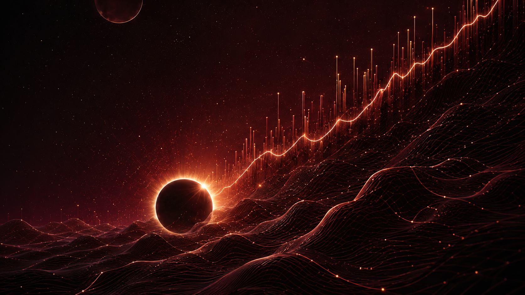 Total eclipse rising over luminous data ridges in deep burgundy — the Eclipse Fund crisis-opportunity identity.