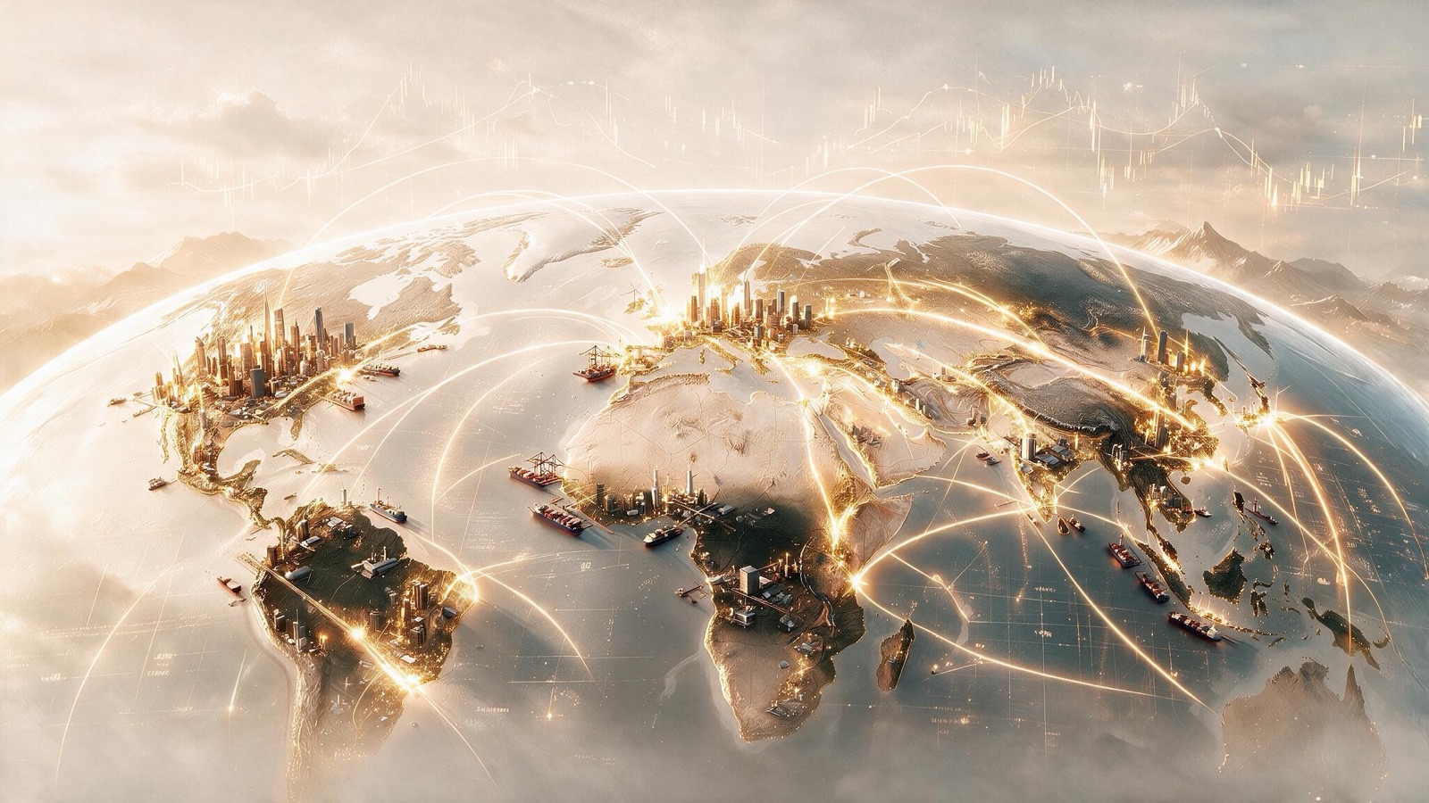 An illuminated globe overlaid with world trade routes, city lights, and rising equity price charts.