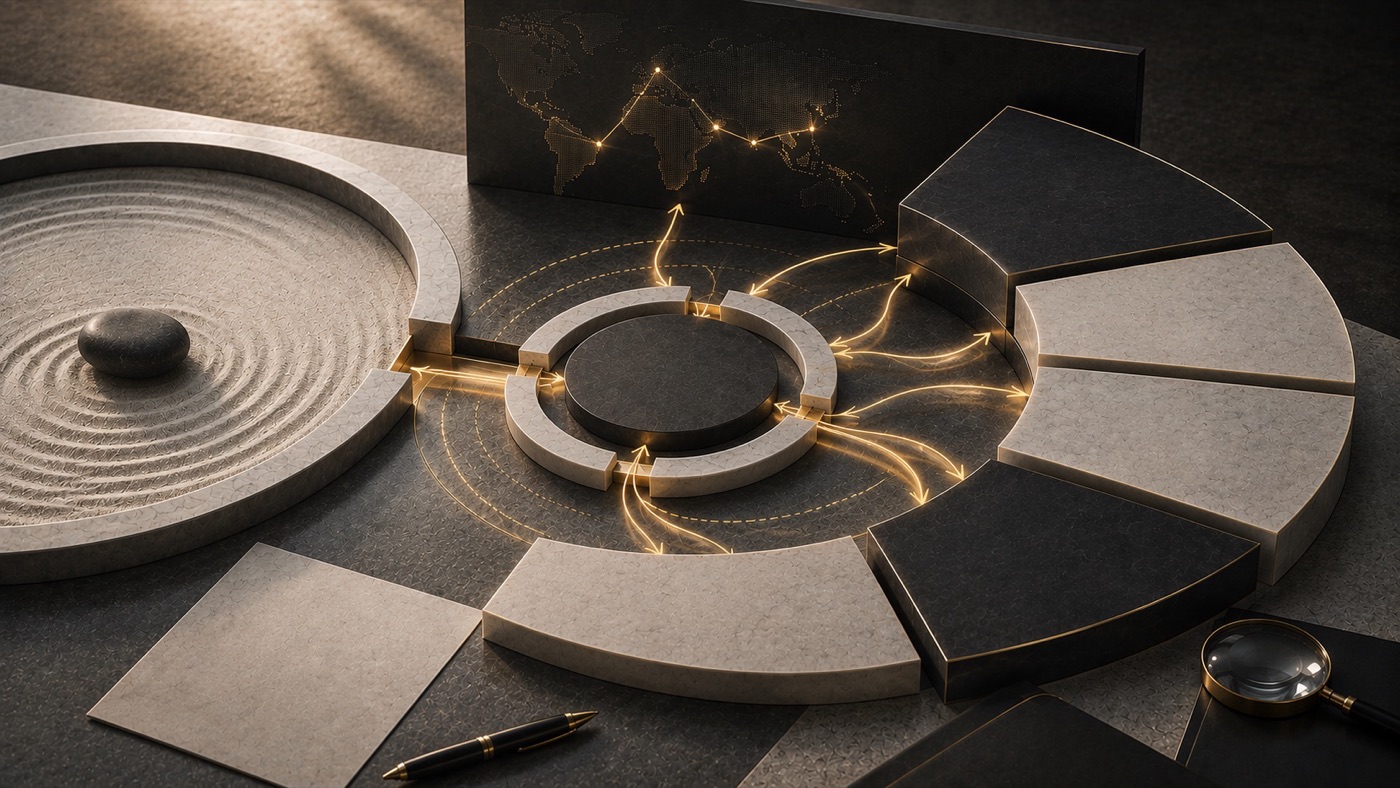 A raked stone garden beside a glowing world-map panel and radiating gold light traces, evoking reserves held in calm readiness.