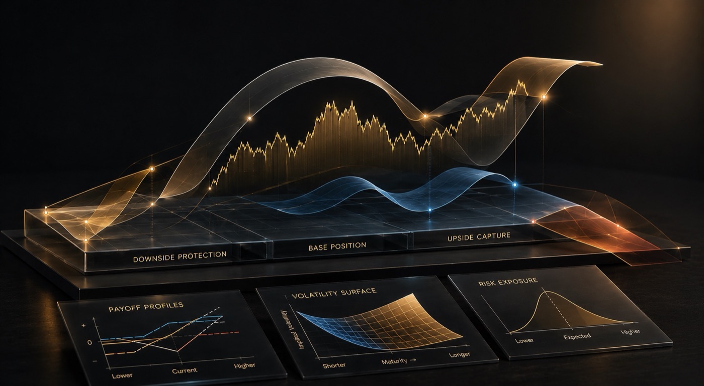 Translucent volatility-surface and payoff-profile panels labeled downside protection, base position, and upside capture.