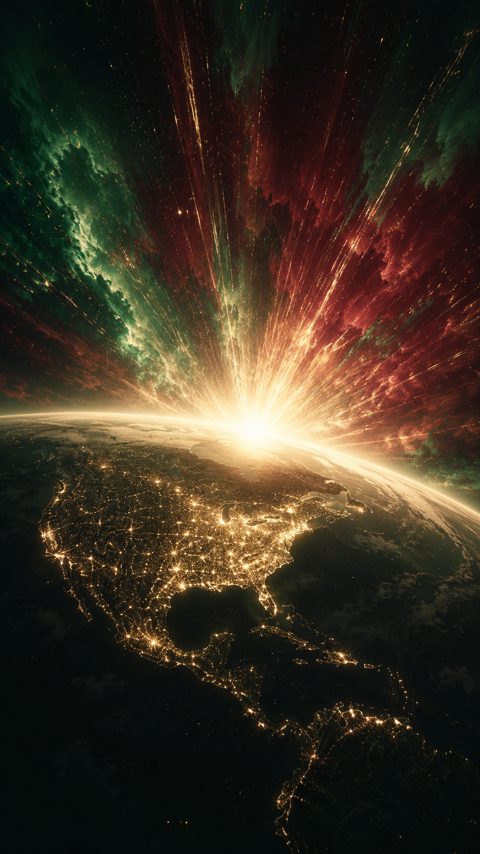 Sunrise over Earth with emerald and burgundy light, Nova Fund visual identity