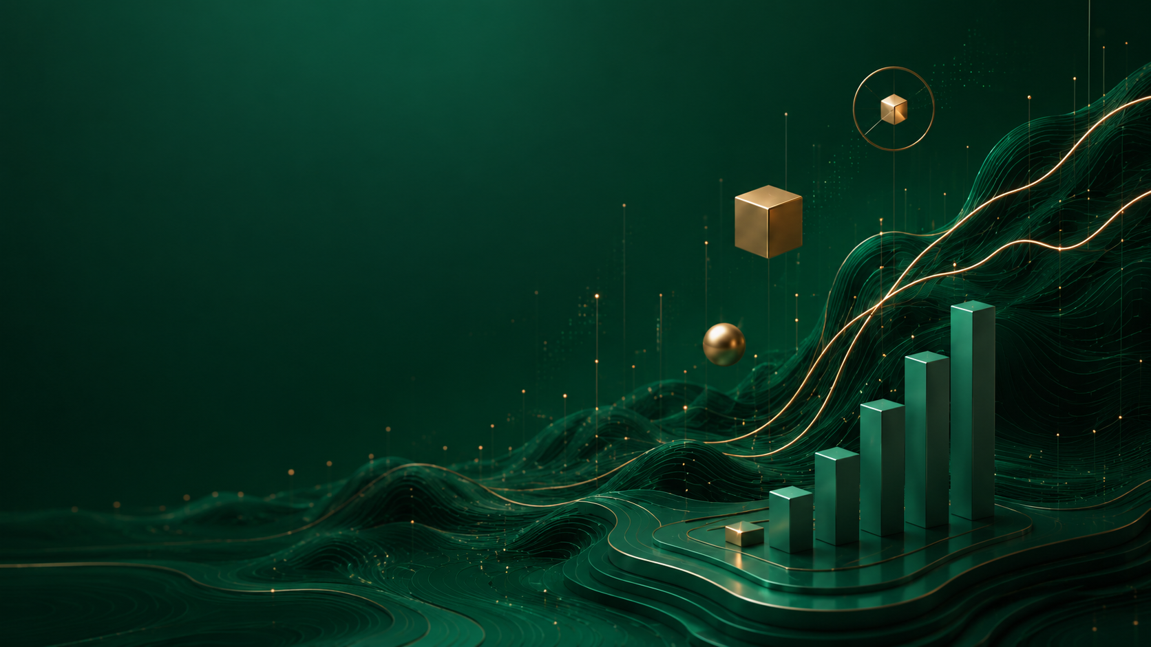 Rising emerald data ridges with gold geometric markers over a luminous green horizon — the Nova Fund multi-strategy absolute-return identity.