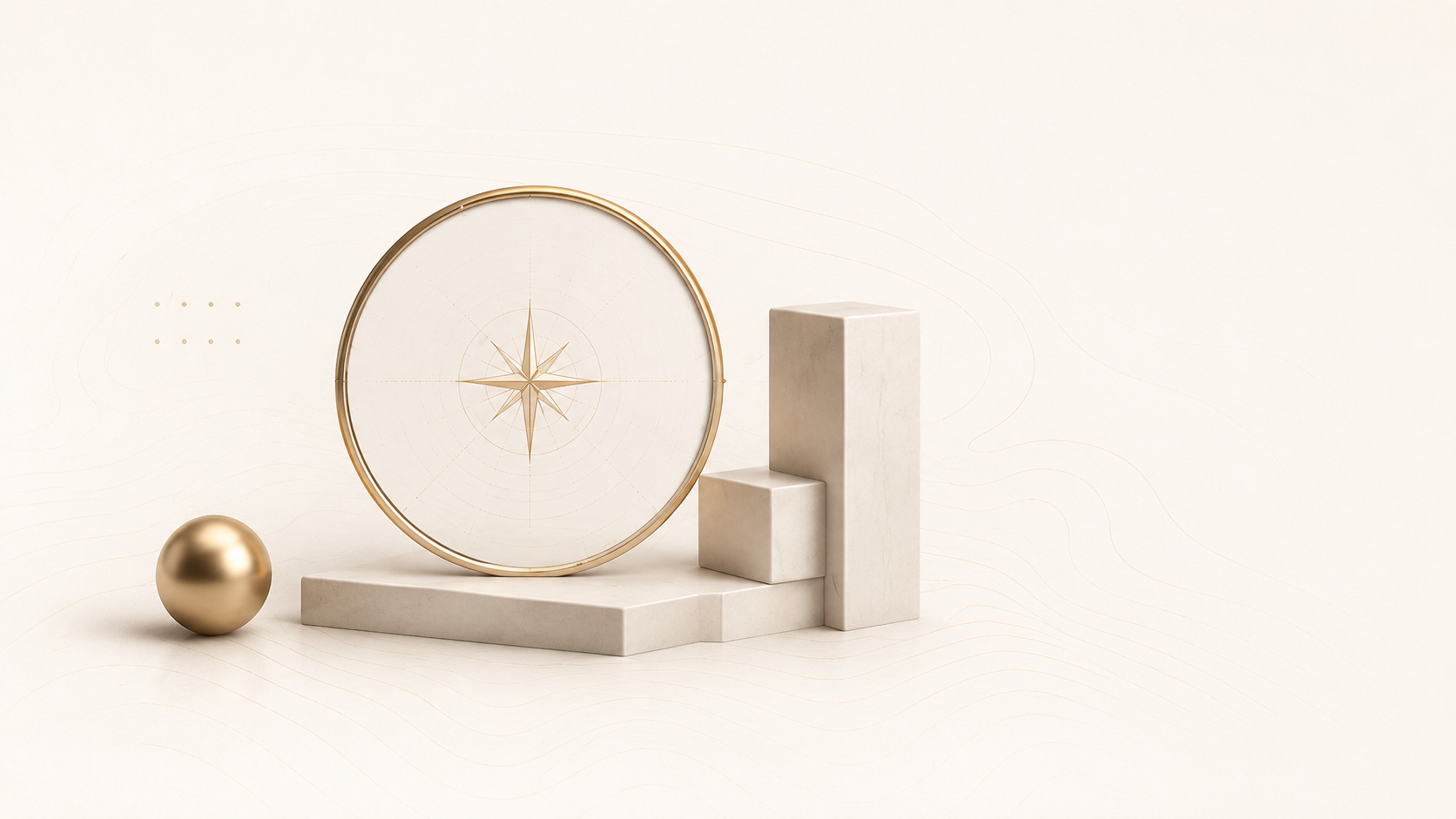 A gold-ringed compass rose, a solid gold sphere, and ascending cream plinths on a pale topographic field — the shared research discipline behind both mandates.